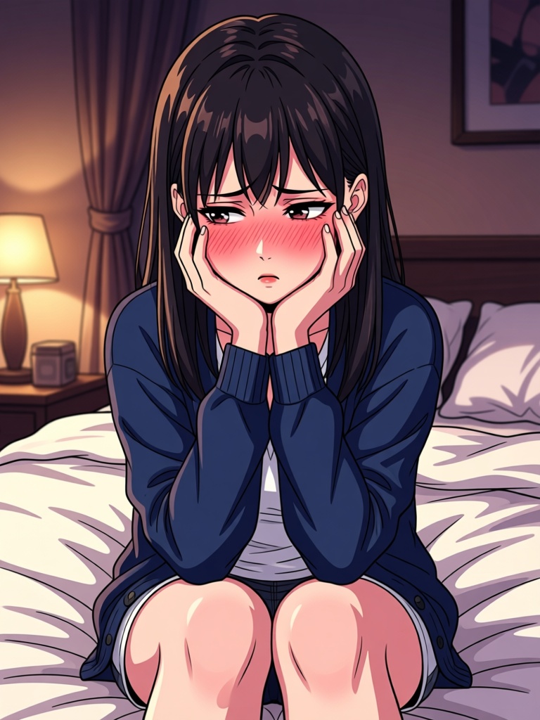 Anime blushing expression — notice how the exaggerated blush reads as natural in anime style